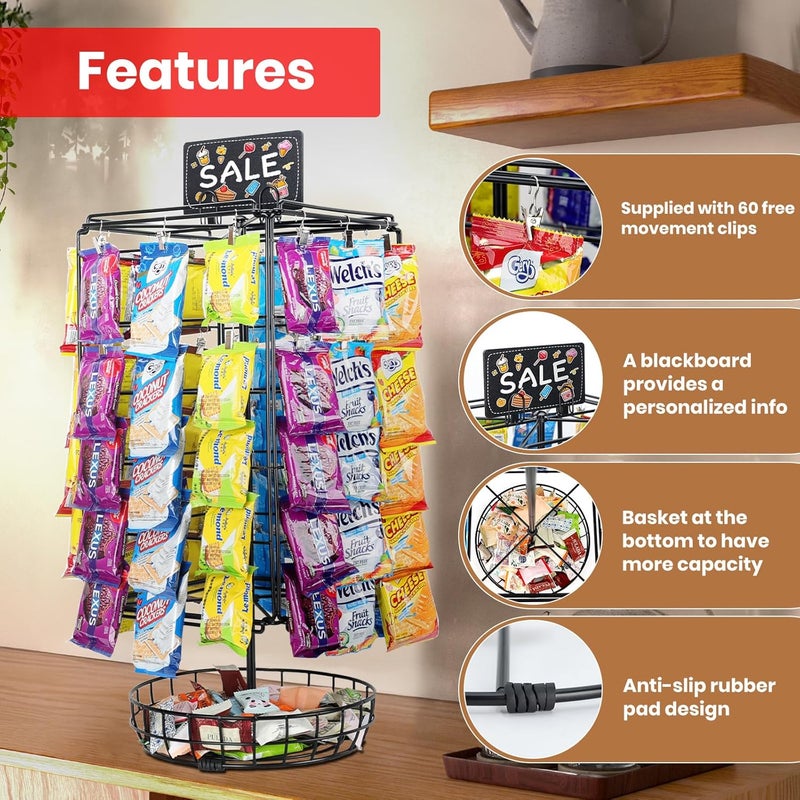 vefix Chip Rack Display Stand, 5 Tiers 60 Clips Snack Retail Display Rack, 360° Rotation Snack Retail Display Rack, Potato Chip Rack, Candy Display Rack, Chip Holder-with Basket - Image 3
